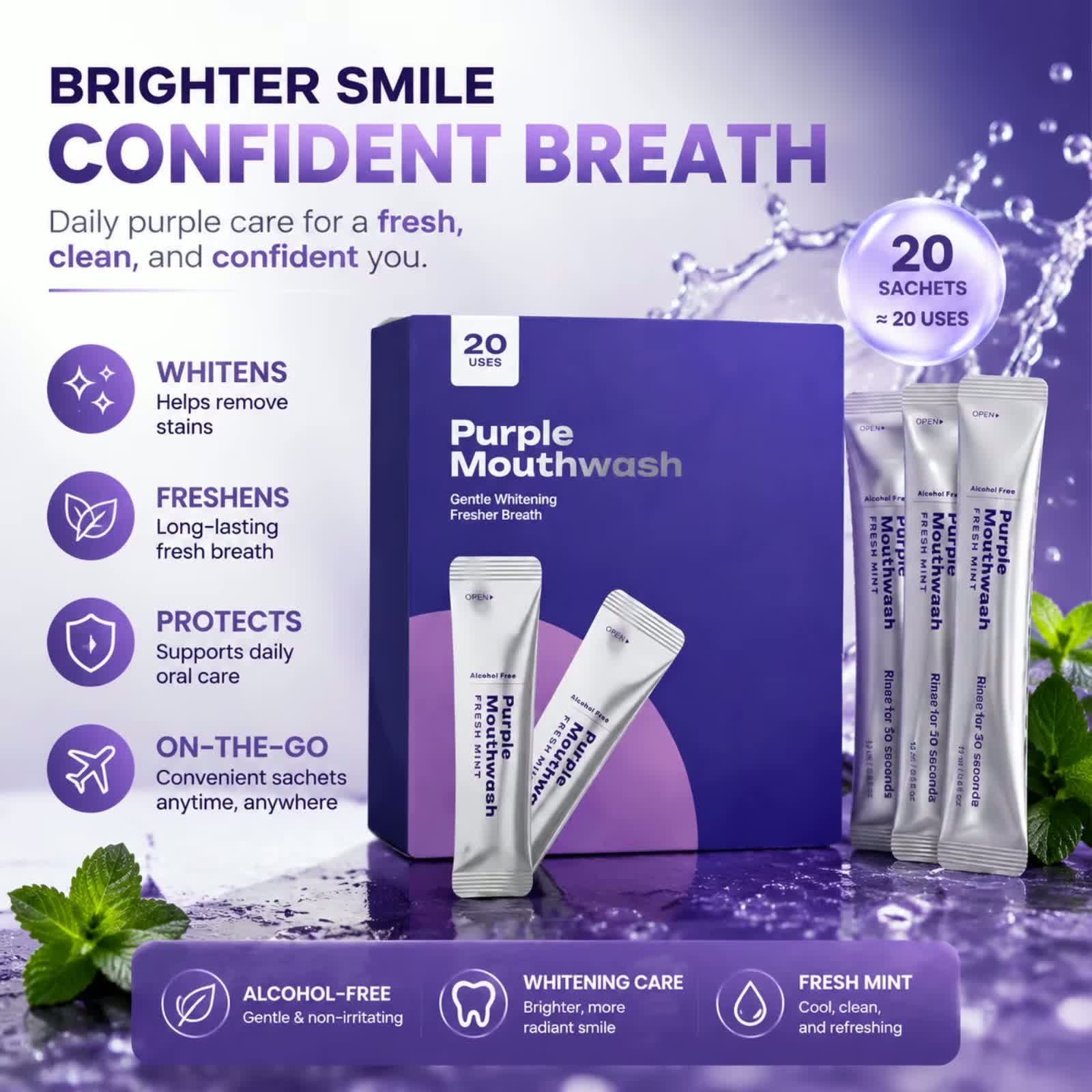 Purple color correcting mouthwash sachets